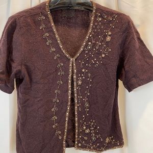 vintage Bonnie Strauss brown beaded lambs wool Cardigan in size large.
